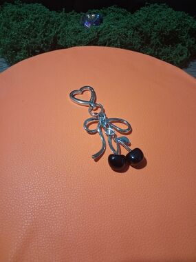 Silver Heart & Cherry Pendant Necklace Charm - Black Cherries
